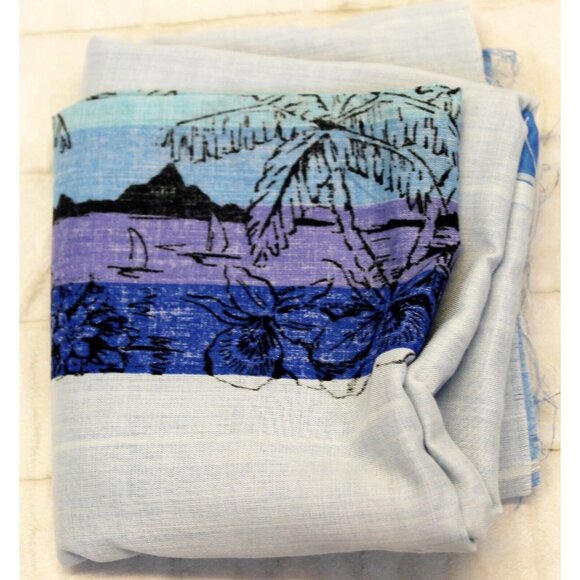 1 yd Vtg 1980s Blue Striped Cotton Fabric Beach Island Flowers Boats Purple 45" - Picture 3 of 9